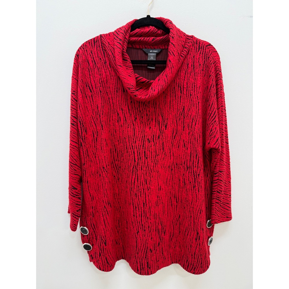 Ali Miles Cowl Neck Tunic Large Red Black Textured Stripe Button Detail